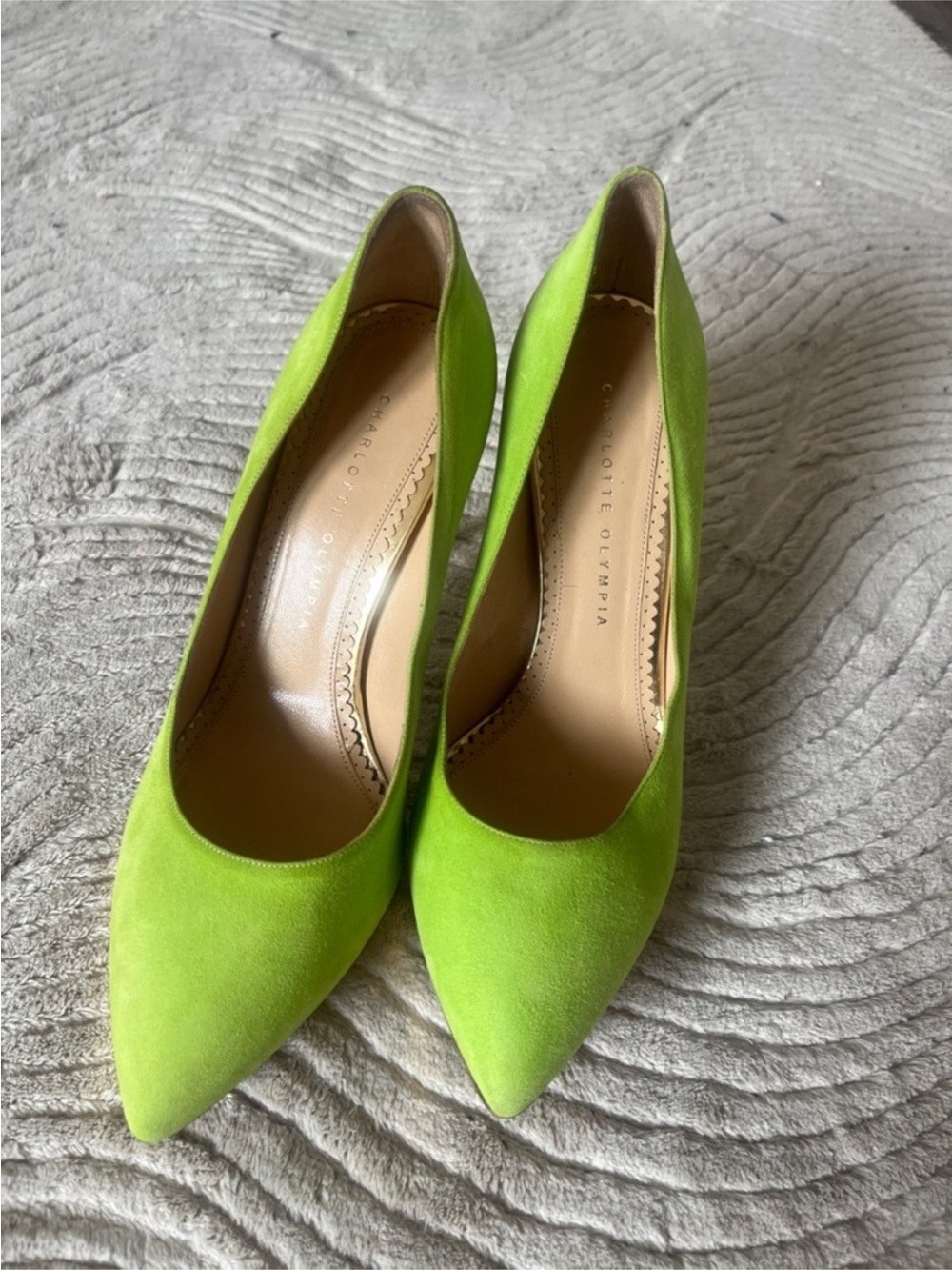 Charlotte Olympia Debbie Neon Green Suede Platform Stiletto with Gold Trim
